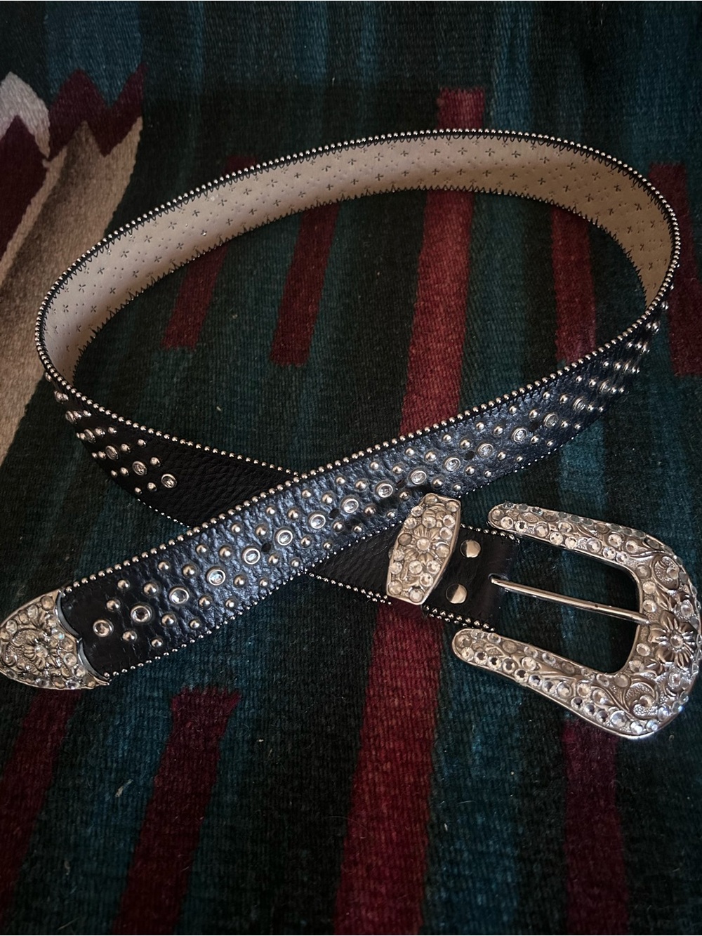 Rhinestone Studded Western-Style Leather Belt